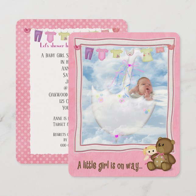 Invitation Baby Girl in Umbrella Douche (Devant / Derrière)