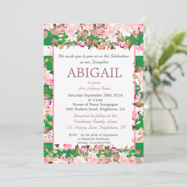 Invitation Baby Girl Jewish Nommer Floral Vert Rose Hébreu (Debout devant)