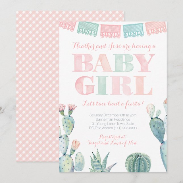 Invitation Baby Girl Mexicaine Taco Bout a Fiesta Baby shower (Devant / Derrière)