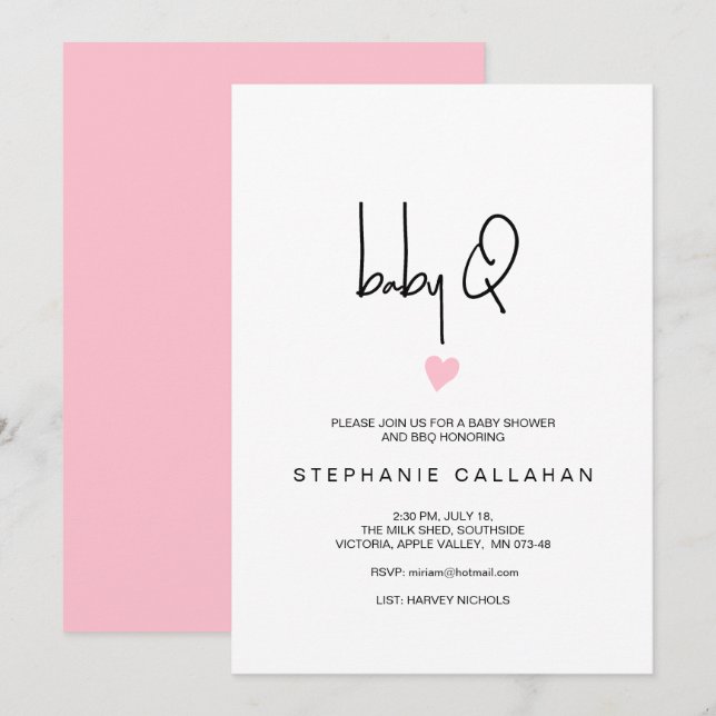 Invitation Baby Girl moderne BBQ Douche Minuscule Coeur rose (Devant / Derrière)