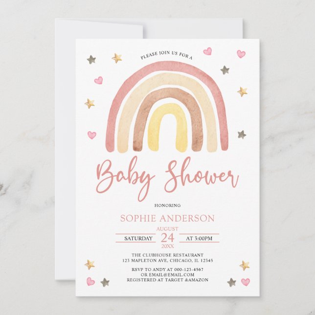 Invitation Baby Girl Muted Tones Boho Rainbow Baby shower (Devant)