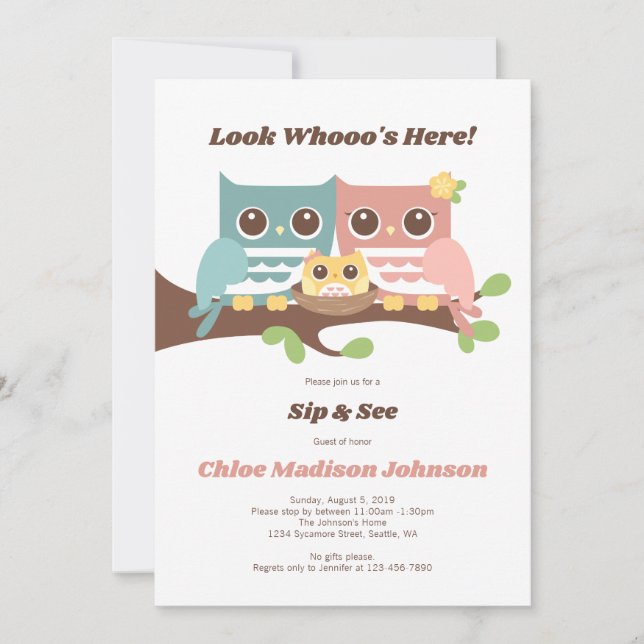 Invitation Baby Girl Owl Sip et voir l'invitation de la douch (Devant)