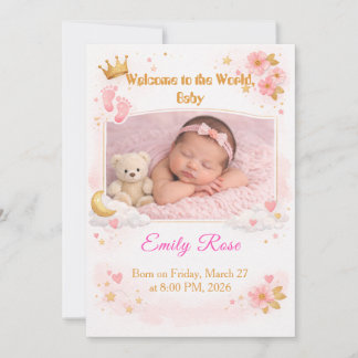 Invitation Baby Girl Photo Announcement Card Pink Floral