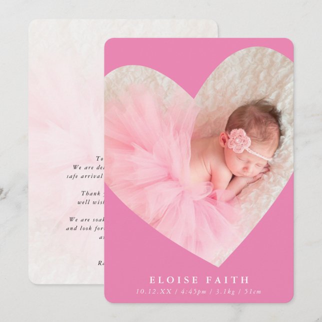 Invitation BABY GIRL photo moderne mignon cadre coeur rose (Devant / Derrière)