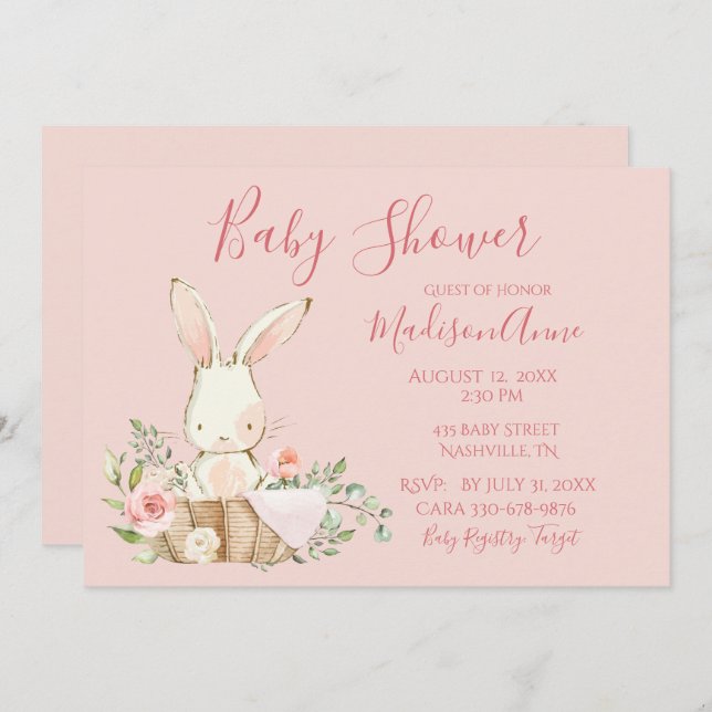 Invitation Baby Girl Pink Script mignonne Élégant bébé (Devant / Derrière)