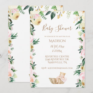 Invitation Baby Girl rose floral Script Élégant Baby shower