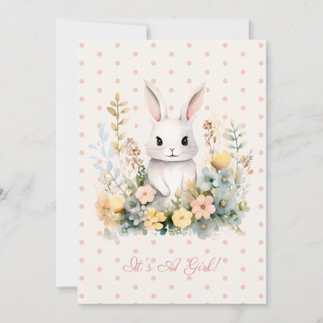 Invitation Baby Girl rose lapin et Baby shower de fleurs (Devant)