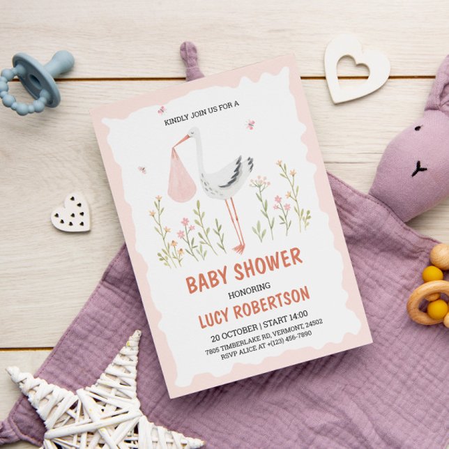 Invitation Baby Girl rose Stork Flowers Baby shower (Créateur téléchargé)