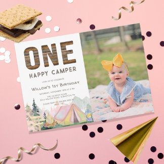 Invitation Baby Girl Rustic One Happy Camper Anniversaire