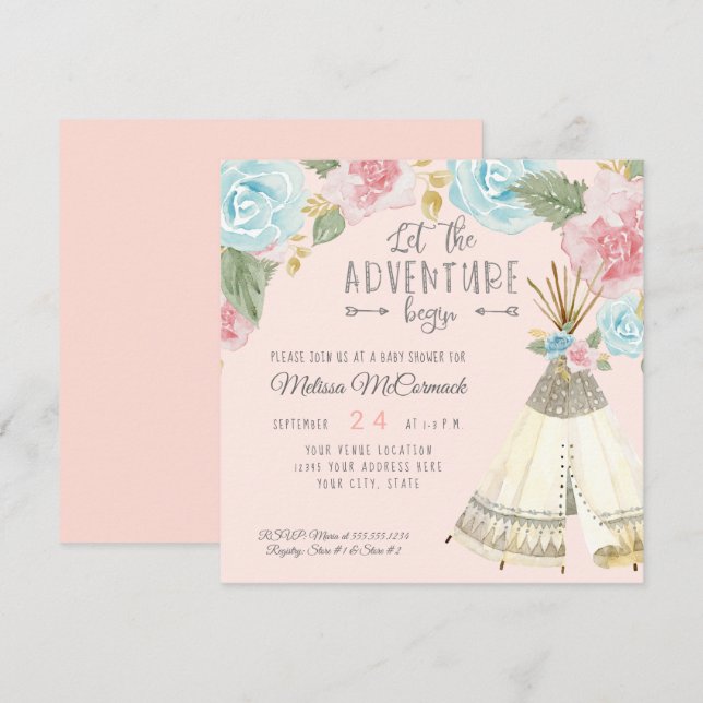 Invitation Baby Girl Shower Adventure Begin Teepee w Rose (Devant / Derrière)