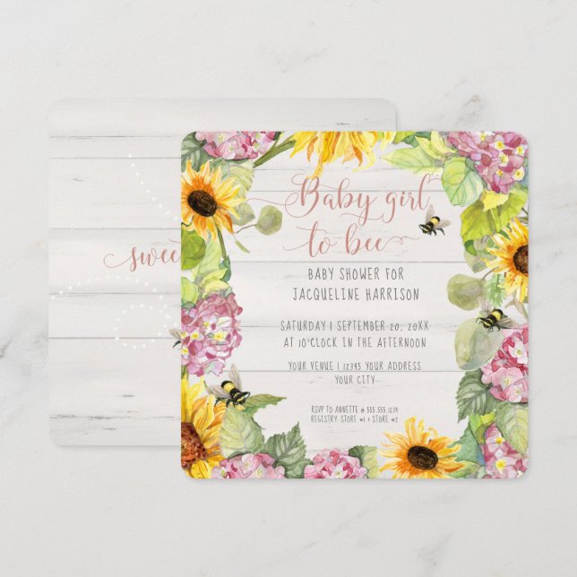 Invitation Baby Girl to Bee tournesol rose Hydrangeas douche (Devant / Derrière)