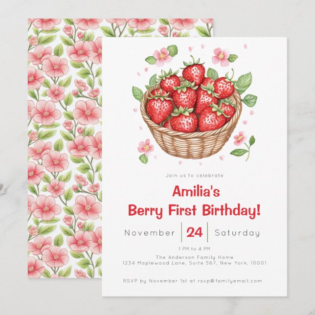 Invitation Baby Girls Strawberry Berry First Birthday  (Devant / Derrière)