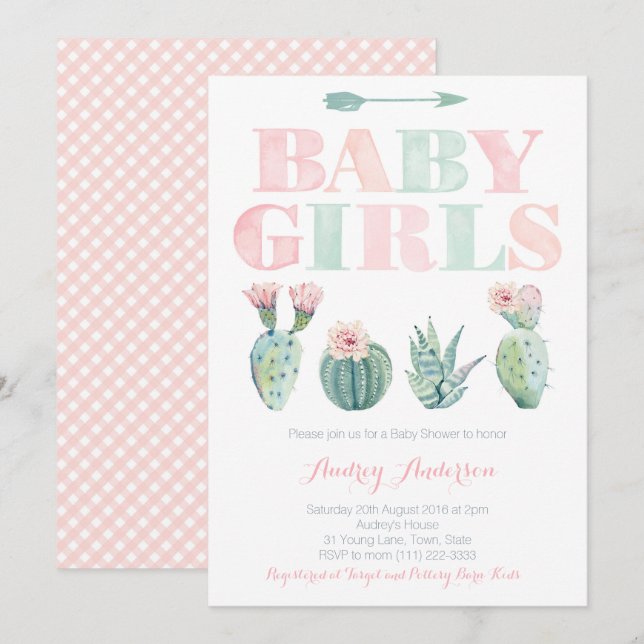 Invitation Baby Girls Twins Douche ou Sprinkle thème Cactus (Devant / Derrière)