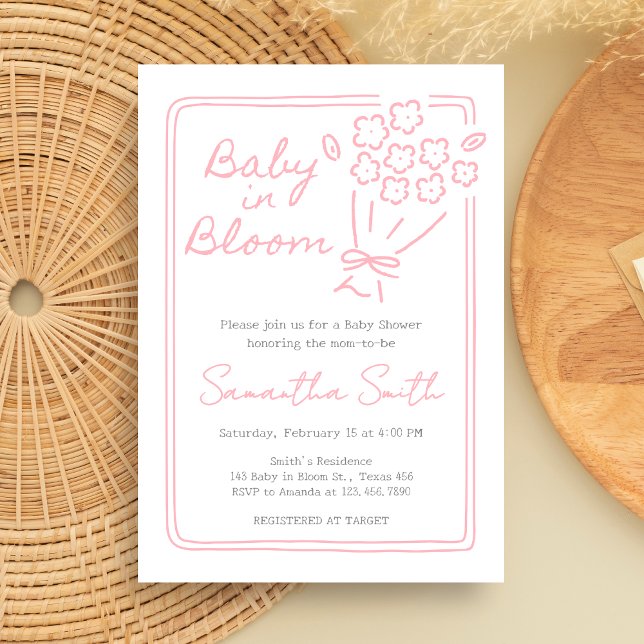 Invitation Baby In Bloom Baby Shower (Hand Drawn Baby in Bloom Baby Shower Invitation)