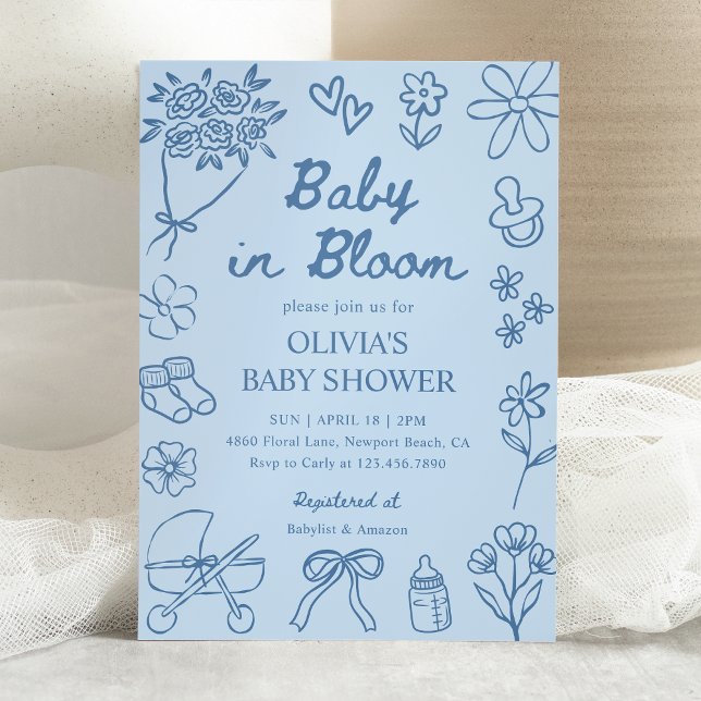 Invitation Baby in Bloom Blue Hand Drawn Boy Baby Shower (Créateur téléchargé)