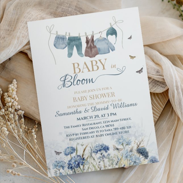 Invitation Baby in Bloom Blue Wildflower Clothesline (Créateur téléchargé)