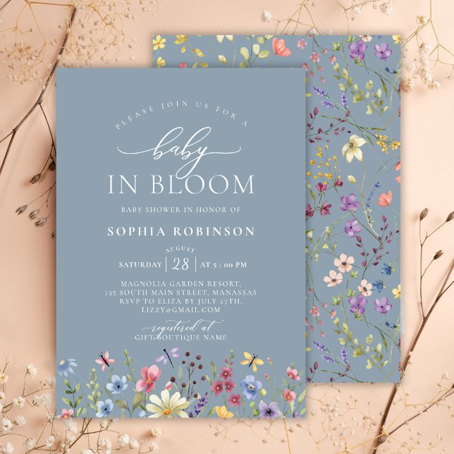 Invitation Baby in Bloom Boho Fleur sauvage Baby shower bleu (Créateur téléchargé)