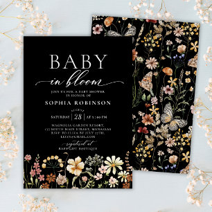 Invitation Baby in Bloom Boho Fleur sauvage Baby shower noir