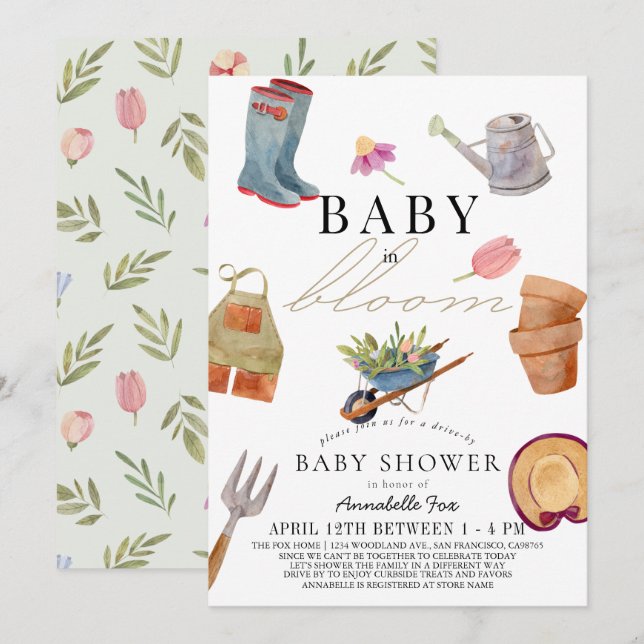 Invitation Baby in Bloom Gardening Tools Baby shower Drive-by (Devant / Derrière)