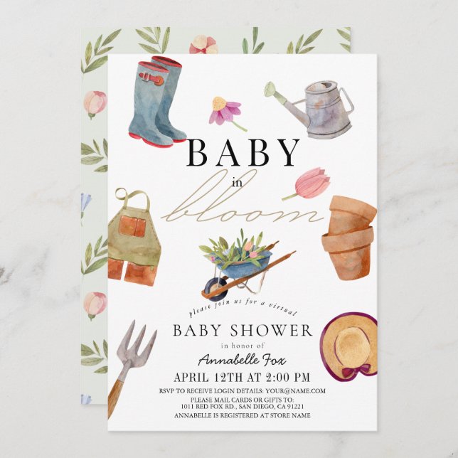 Invitation Baby in Bloom Gardening Tools Baby shower virtuel (Devant / Derrière)