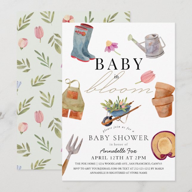Invitation Baby in Bloom Jardinage Outils Baby shower Invitat (Devant / Derrière)