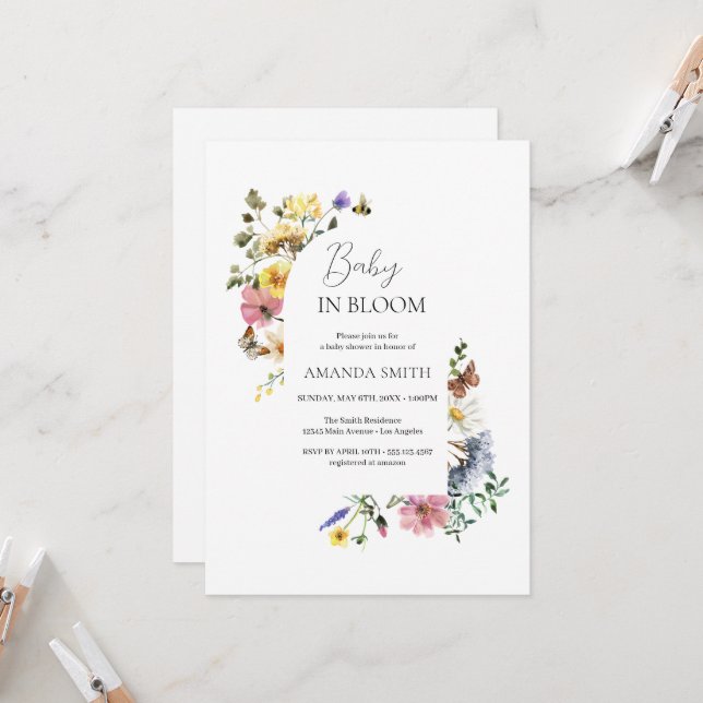 Invitation Baby in Bloom Meadow Fleurs sauvages Douche (Devant/Arrière en situation)