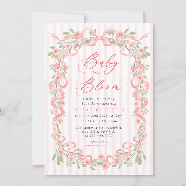 Invitation Baby in Bloom Pink Bow Floral Roses Baby Shower (Devant)