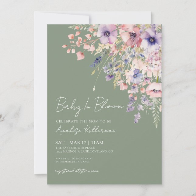 Invitation Baby In Bloom Sage Green Baby Shower (Devant)