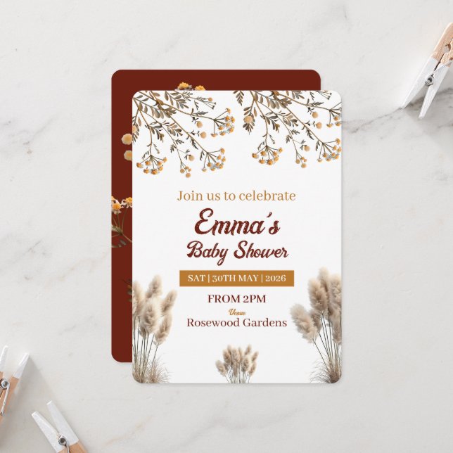 Invitation Baby in Bloom Wildflower Pampas Boho Baby Shower (Devant/Arrière en situation)