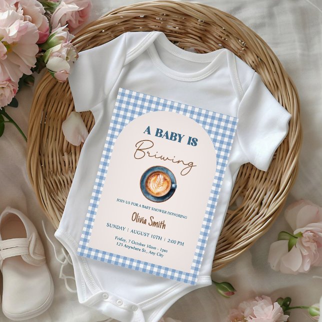 Invitation Baby is Brewing Coffee Baby Shower Blue Gingham  (Créateur téléchargé)
