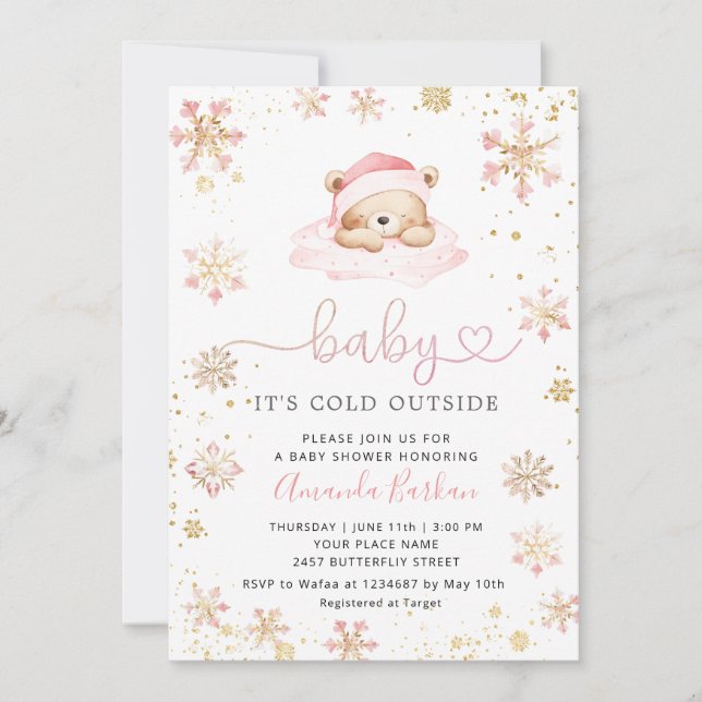 Invitation Baby It's Cold Outside Boho Pink girl Baby Shower  (Devant)