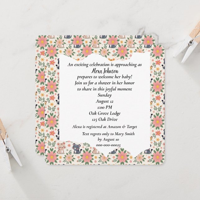 Invitation Baby Jungle Cats and Flowers (Devant/Arrière en situation)