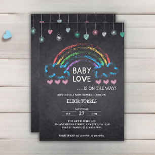 Invitation Baby Love Chalkboard Coeurs et Baby shower arc-en-