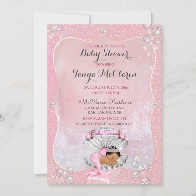 Invitation Baby Mermaid Ethnic Pink Shell Pearls (Devant)