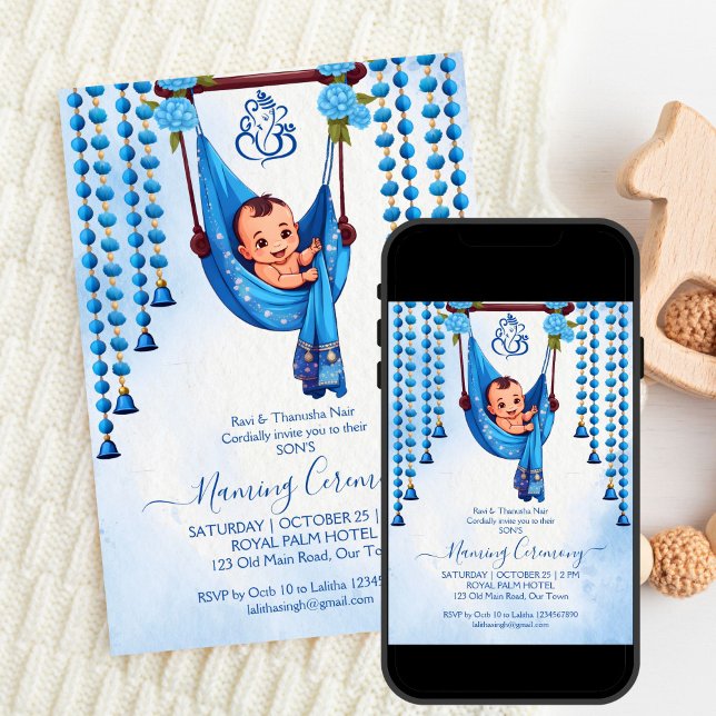 Invitation Baby Naming Cradle Cérémonie indienne Cérémonie bl (Baby Naming Cradle Indian Namkarana Ceremony blue editable template invitation digital download)
