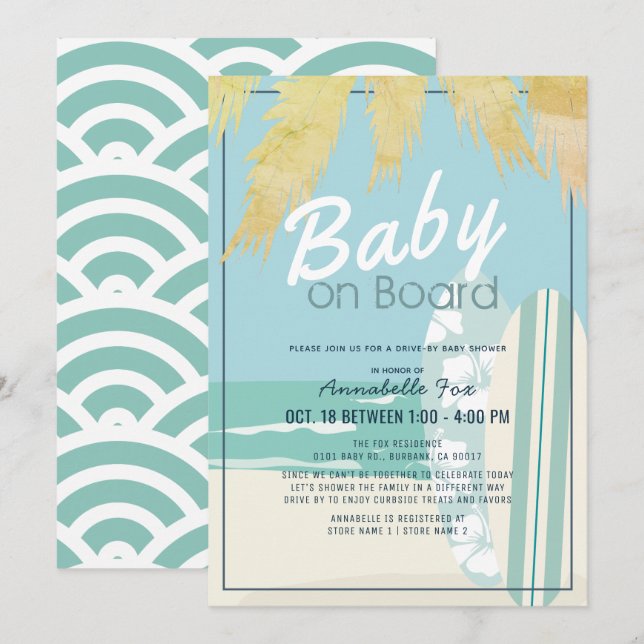 Invitation Baby on Board Beach Surf Boy Baby shower Drive by  (Devant / Derrière)