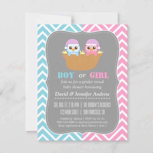 Invitation Baby Owl Blue ou Pink Gender Revevevevela Party (Devant)