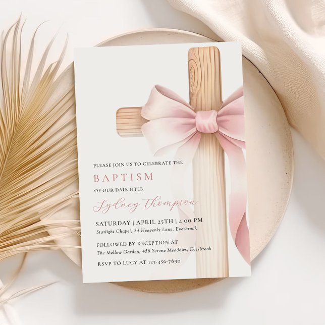 Invitation Baby Pink Bow Cross Girl Baptism (Créateur téléchargé)