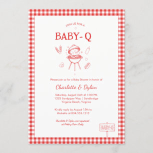Invitation Baby-Q BBQ Moderne Gingham Rouge Fête de Naissance