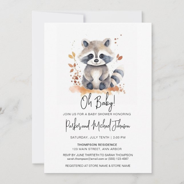 Invitation Baby Raccoon Baby shower animal de bois (Devant)