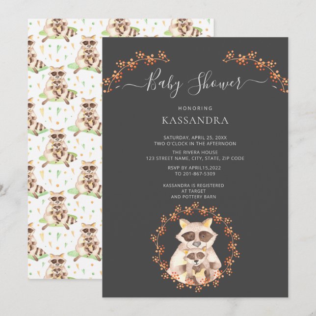 Invitation Baby Raccoon & Mère Floral Baby shower de couronne (Devant / Derrière)