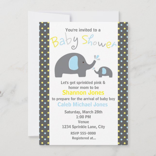 Invitation Baby Shower 2 Éléphants Bleus à Points (Devant)