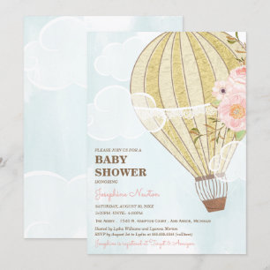 Invitation Baby shower à air chaud Pastel Floral & Gold