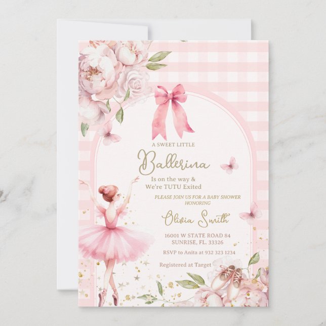 Invitation Baby shower à arc floral Ballerina Rose En vichy (Devant)