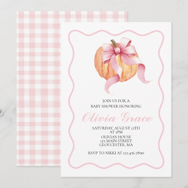 Invitation baby shower à arc rose citrouille (Devant / Derrière)