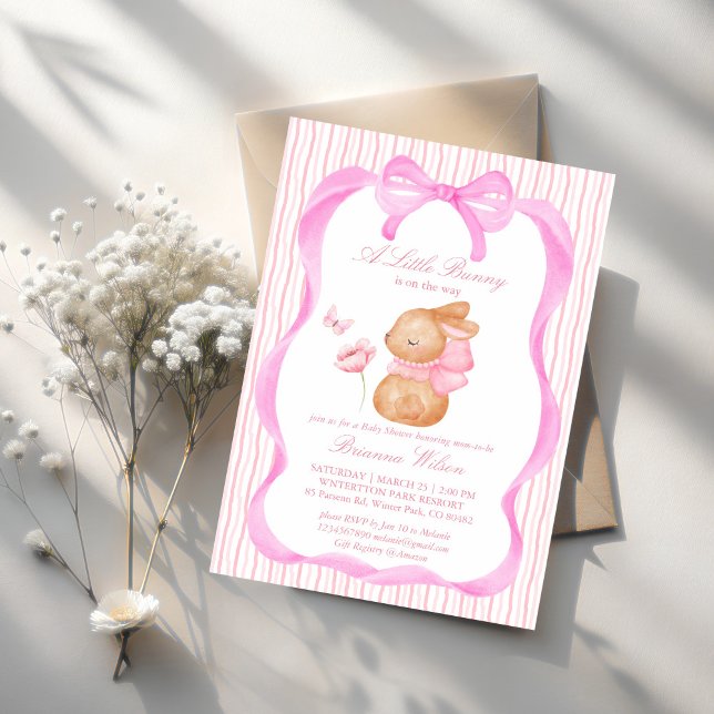 Invitation Baby shower à arc rose lapin (Cute Bunny pink bow border girls baby shower invitation template instant download)
