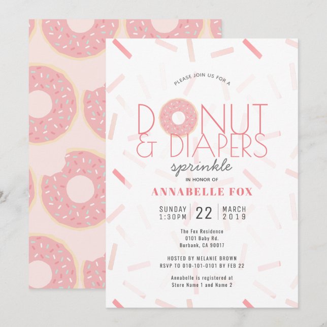 Invitation Baby shower à arroser de beignes et de diaphères r (Devant / Derrière)