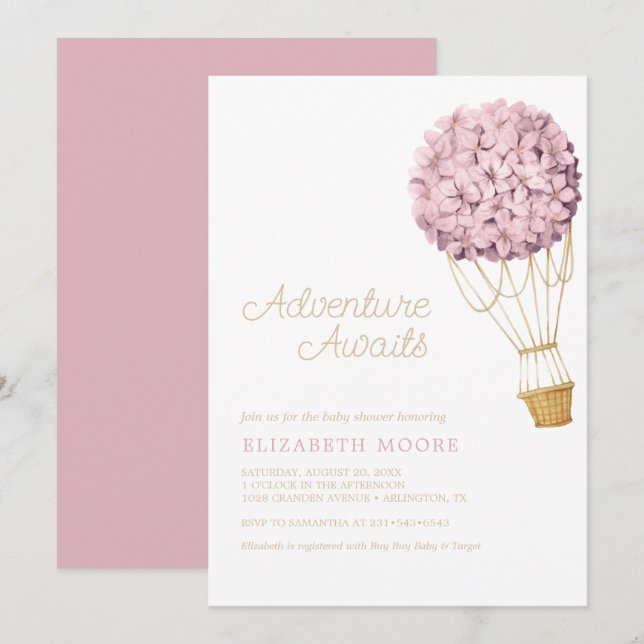Invitation Baby shower à ballon à air chaud Floral Hydrangea  (Devant / Derrière)