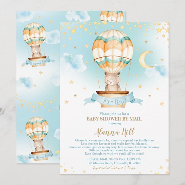 Invitation Baby shower à ballon à air chaud par Mail Teddy Be (Devant / Derrière)