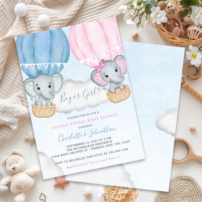 Invitation Baby shower à ballon éléphant révélateur de genre (Gender Reveal Elephant Balloon Baby Shower Invitation)
